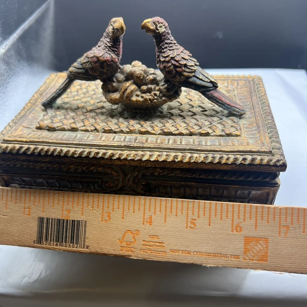 Vintage Parrot Jewelry Box Heavy Resin Footed Trinket Chest Gold Verdigris